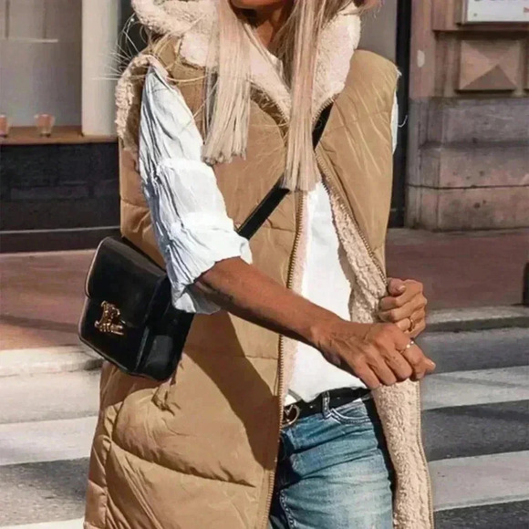 Light Camel Casual Women's Reversible Sleeveless Hooded Vest Jacket - Picture 5 of 6